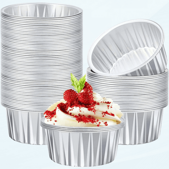 Disposable Ramekins, 100pcs 5oz Aluminum Foil Baking Cups Cupcake Liners, Silver Dessert Cups Wrappers Containers, Muffin Creme Brulee Recyclable Catering Favor Baking Cups for Party Weddings