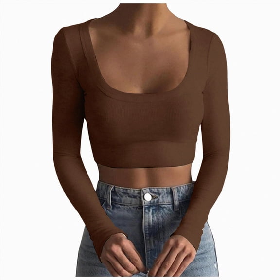 Womens Solid Square Neck Ribbed Long Sleeve Crop Top,Slim Fit Basic Tee