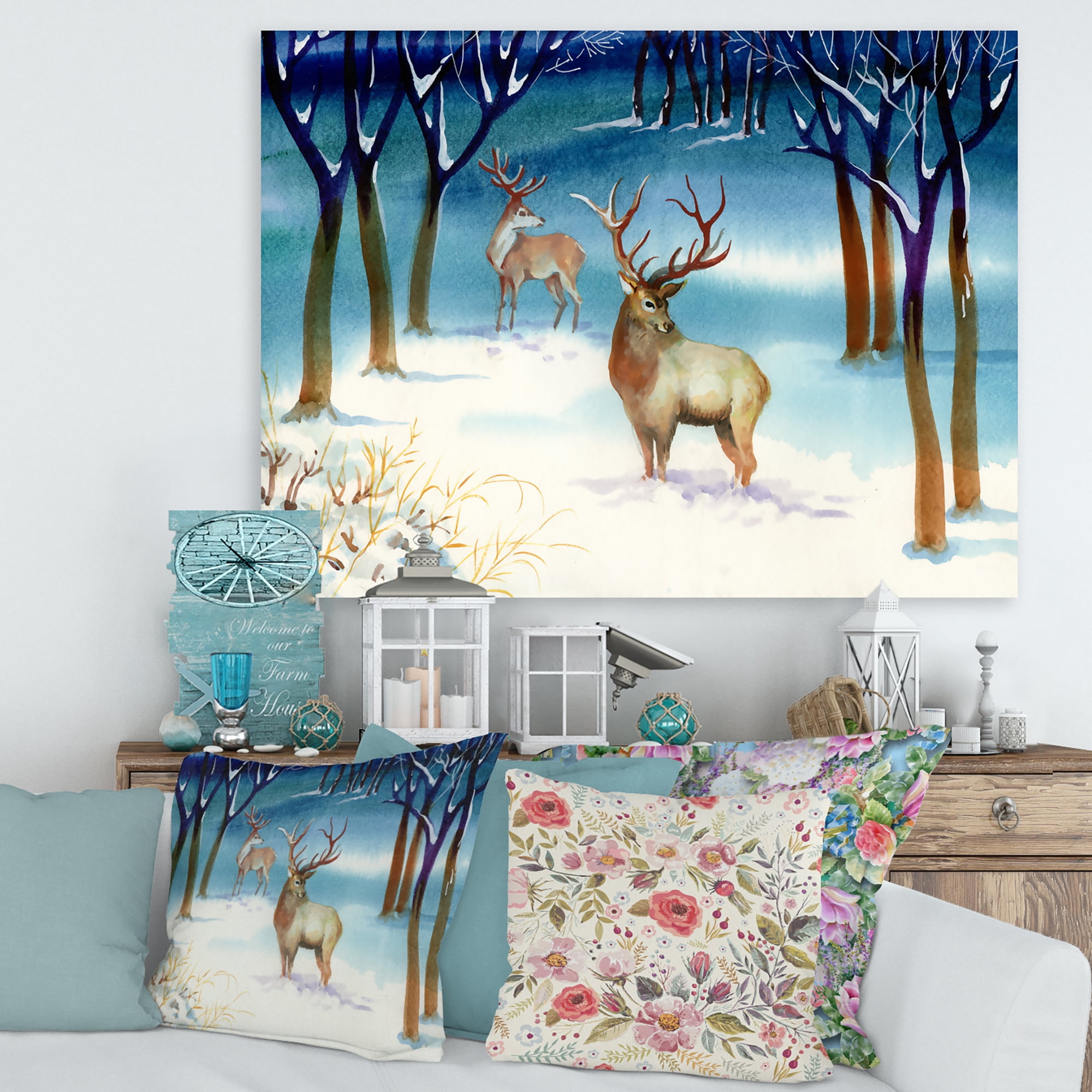 Deers With Winter Landscape 12 in x 8 in Painting Canvas Art Print, by Designart