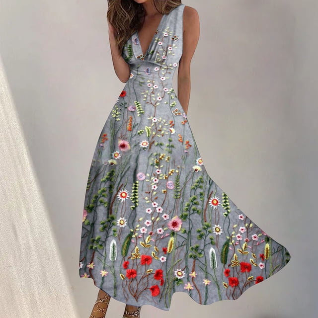 Fankiway Robe Longue Sans Manches à Col en V Imprimée Mode Printemps/été pour Femmes Robes de Plage Grande Taille pour Femmes