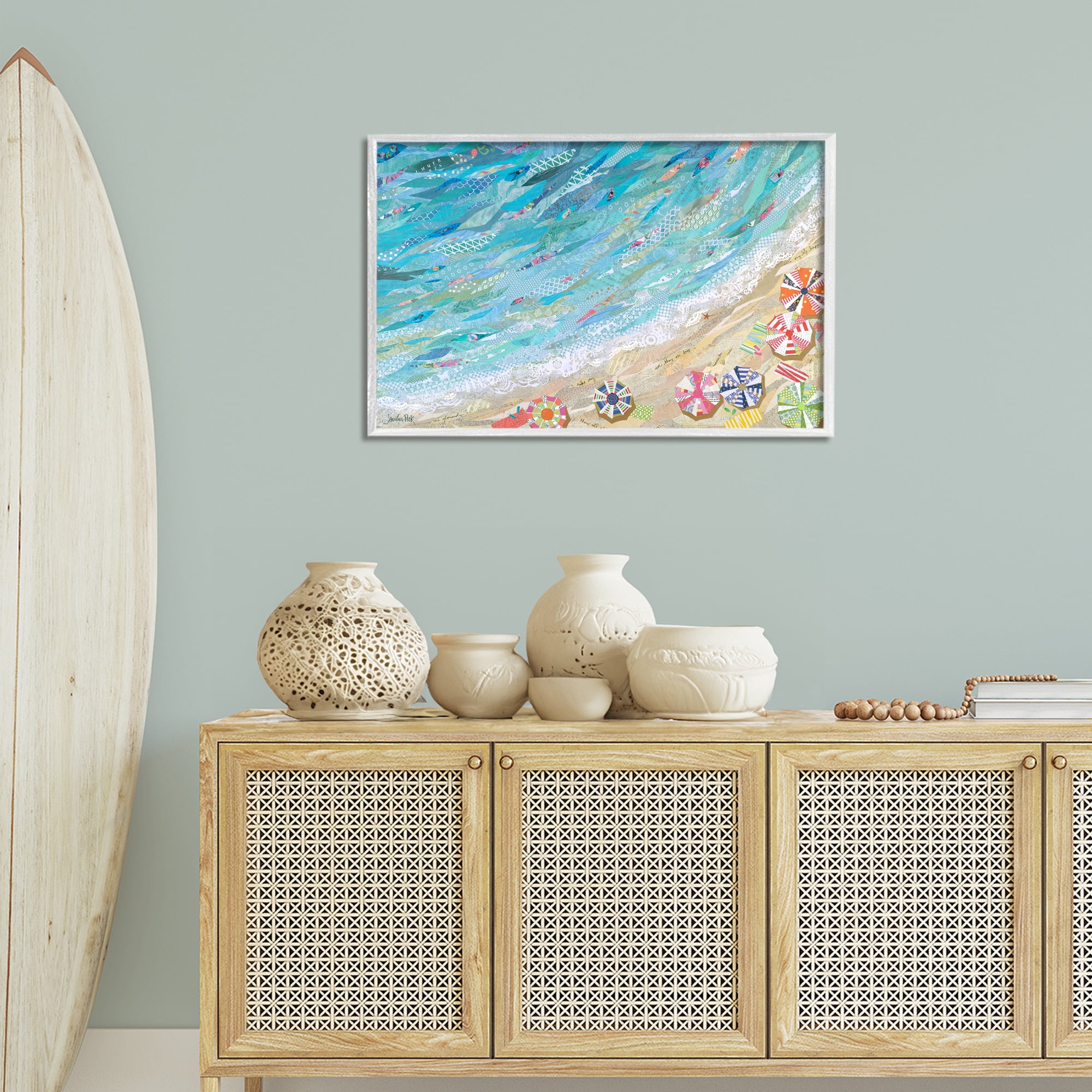 Stupell Industries Collaged Aerial Beach View Coastal Painting White Framed Art Print Wall Art, 30 x 20