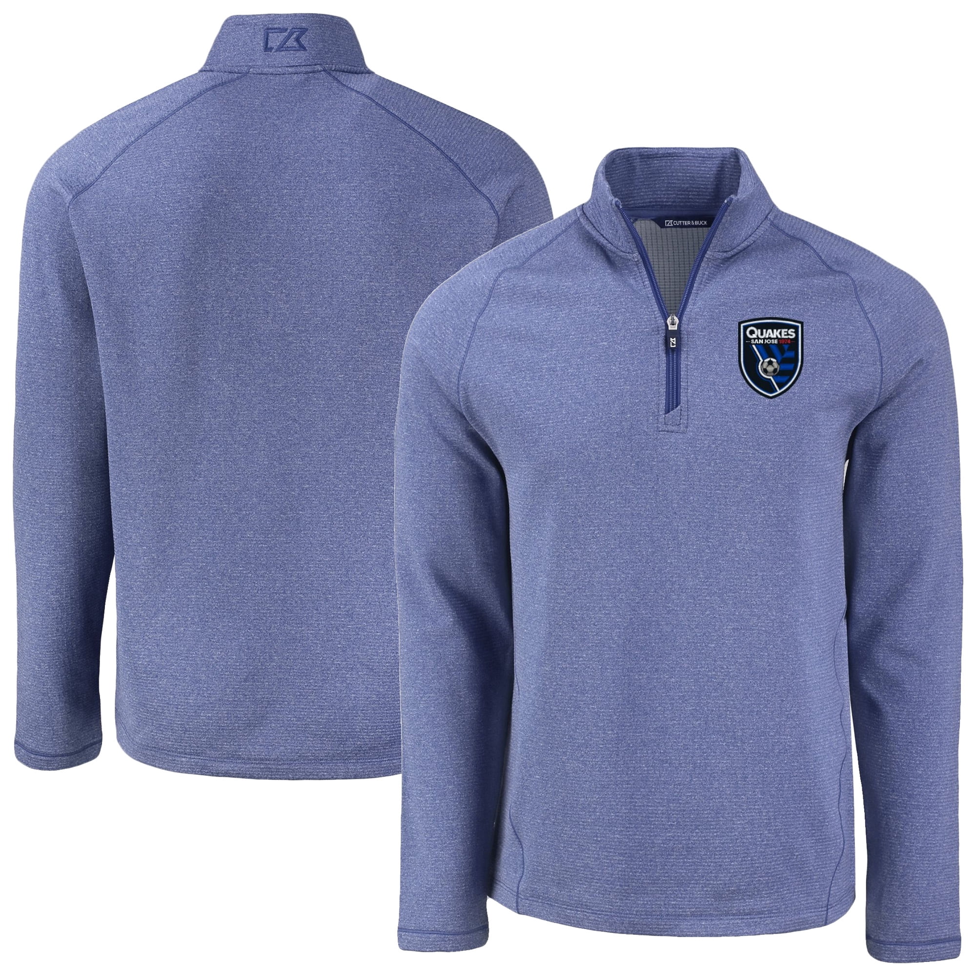 Men's-Cutter & Buck Heather Blue San Jose Earthquakes Peshastin Eco Fleece Recycled Raglan Half-Zip Top