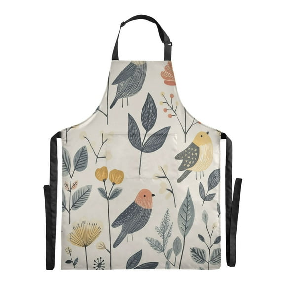 Hand Drawn Bird Long Apron for Cooking Water Resistant Adjustable Bib with 2 Pockets 88x68cm