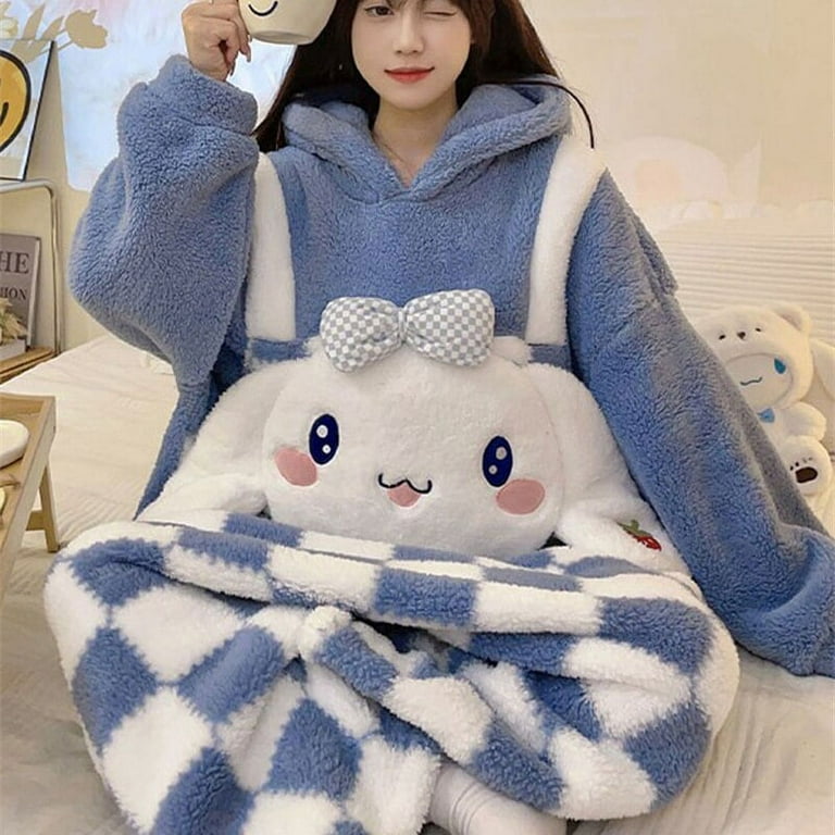 Sanrio Casual Blue Plaid Plush One-Piece Pajamas Sweet Girl Heart Cartoon  Cute Cinnamoroll Thickened Hooded Pajamas Home Clothes