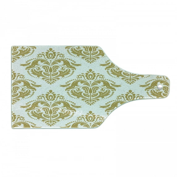 Damask Cutting Board, Baroque Victorian Design with Floral Swirls Dots for Classical Lovers, Decorative Tempered Glass Cutting and Serving Board, Wine Bottle Shape, Yellow and White, by Ambesonne