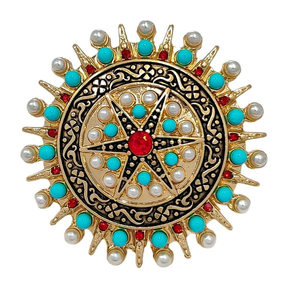 Bohemian Vintage Pearl Red Turquoise Blue Round Shaped Starburst Pin Brooch