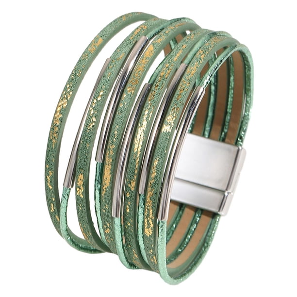 Pulsera rígida para mujer de cuero sintético PU, duradera, versátil, fácil de usar, multicapa. Verde