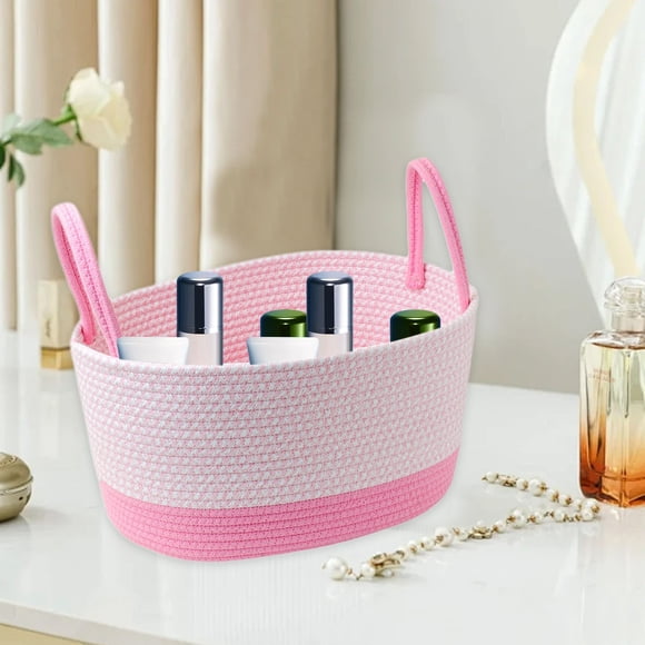 HOARBOEG Gift Baskets Empty, Small Organizer Baskets for Shelves, Decorative White Baskets with Green Handles for Storage, Presents, Christmas, Birthday, Families(Oval, 11.8"x 7.8"x 3.9")