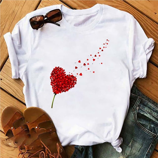 Cameland T-Shirts pour Femmes Impression de la Saint-Valentin Col Rond Ample Manches Courtes Chandail Décontracté Hauts