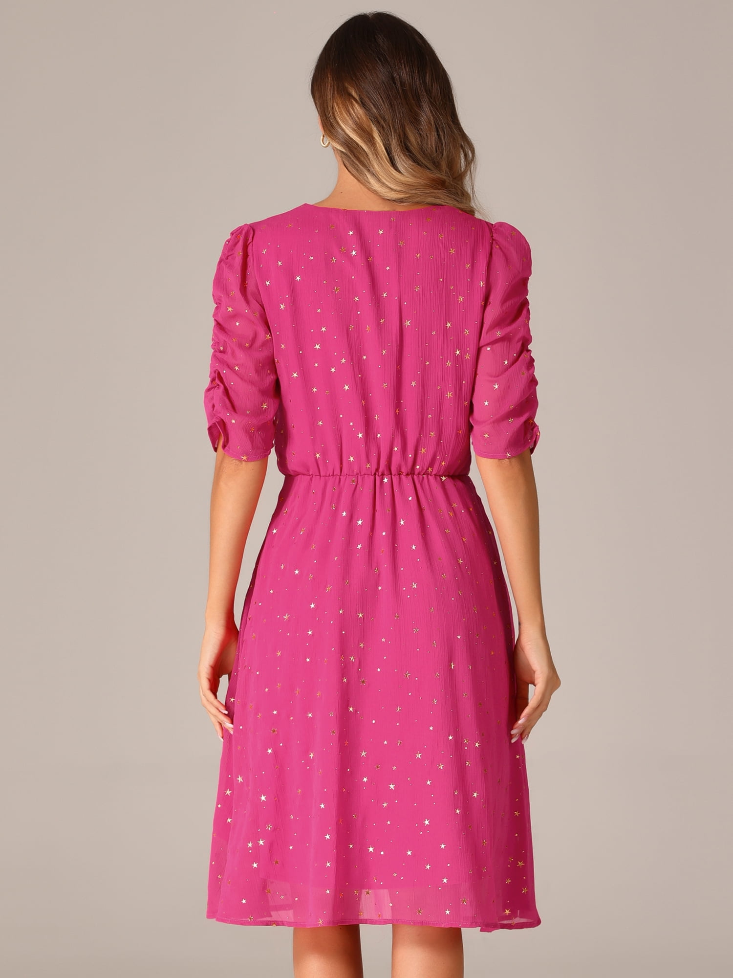 DARING DIVA Metallic Stars A-line Chiffon Dress S Hot Pink
