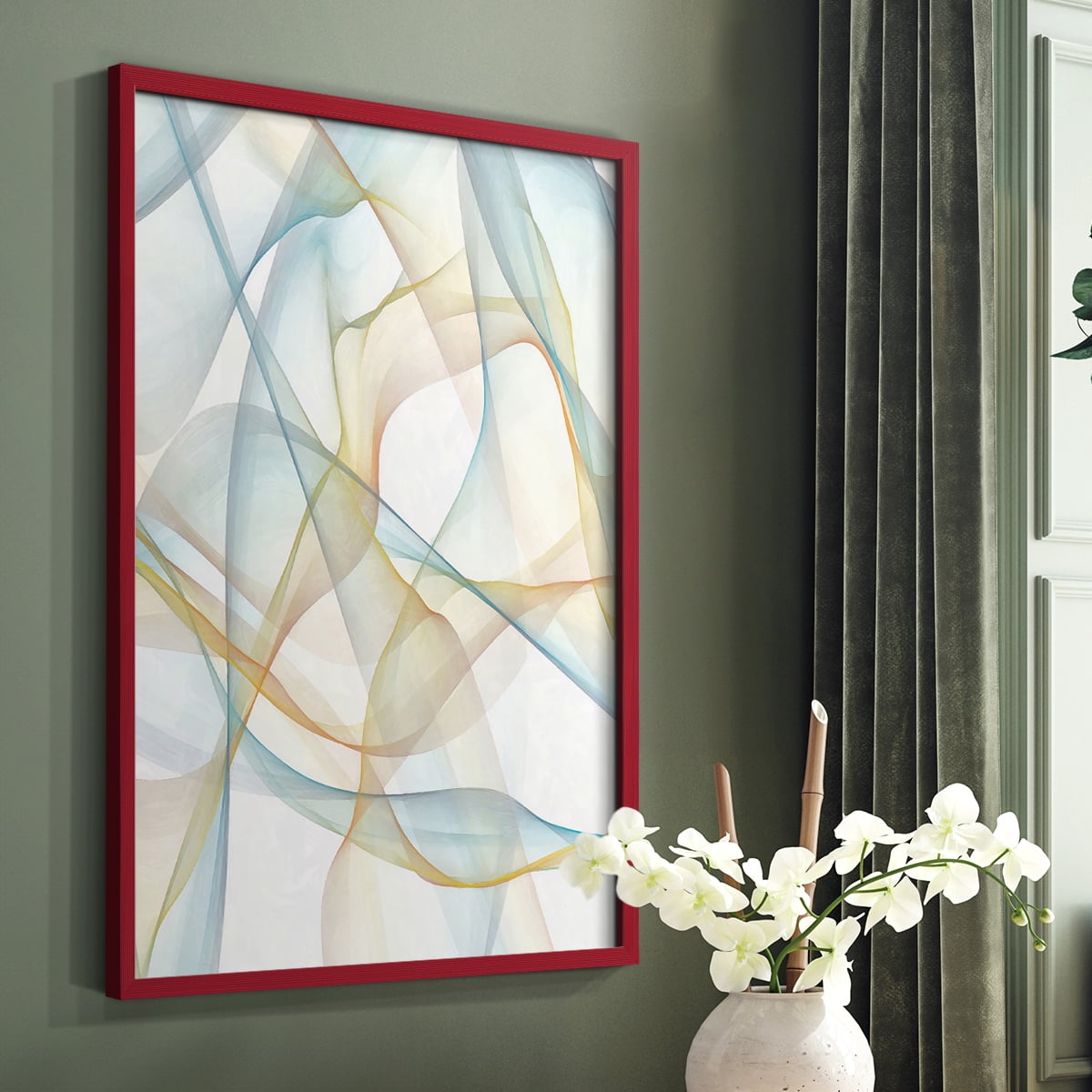 Curves and Waves III Framed Print in Red Solid Wood Framed Print No Nail Hanging