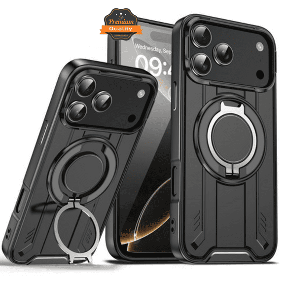 For Apple iPhone 17 PRO MAX Magnetic Ring Stand Case, 360 Large Rotating, Hybrid Shockproof Protection Cover [Black]