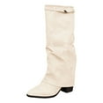 thumbnail image 6 of Fold over Knee High Boots for Women Fashion Suede Pointed Toe Covered Chunky Heeled Pull on Shark Tall Boots, 6 of 7