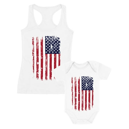 

4th of July Vintage USA Flag Patriotic Shirts Mother & Child Matching Set Outfit Mom White XX-Large / Baby White 6M (3-6M)