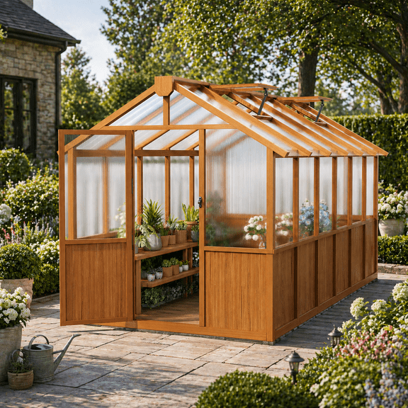 EASYHAWK 6 ft. x 12 ft. Wood Greenhouse for Outdoors, Polycarbonate Panel Wooden Walk-in Greenhouse Kit and Adjustable Roof Vent Backyard Garden,Patio