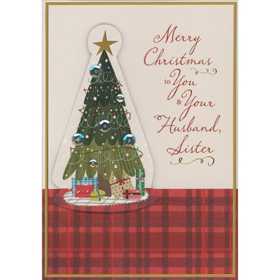 Designer Greetings 3D Die Cut Tree, Silver Sequin Ornaments, Red Plaid Floor Hand Decorated Christmas Card for Sister and Husband