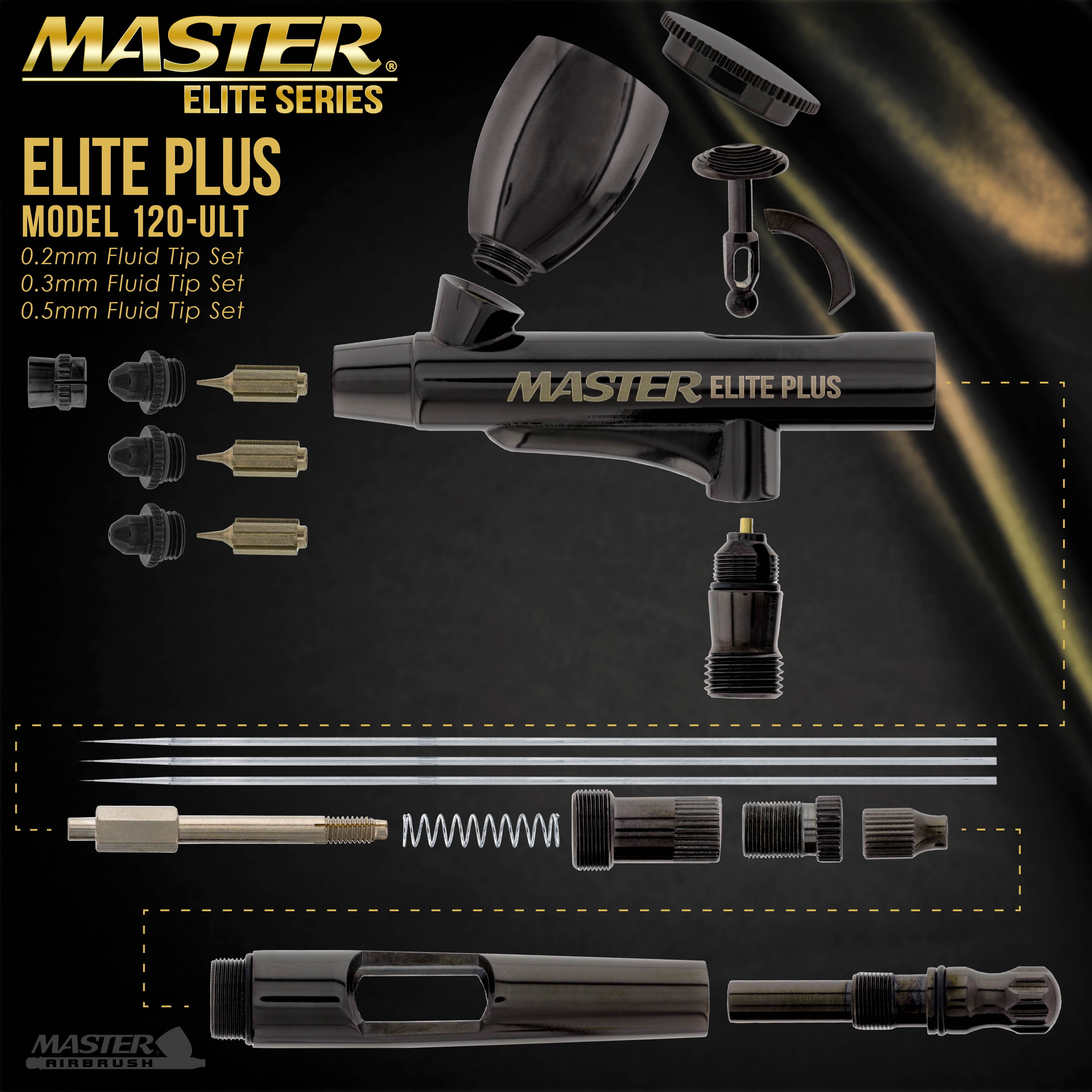 Master Elite Plus Ultimate Airbrush Set, Model 120 - Elite Level Spray Performance Dual-Action Gravity Feed Airbrush Kit with 3 Tips 0.2, 0.3 and 0.5 mm, 2 Cups, Filter, Case - Auto Art Cake