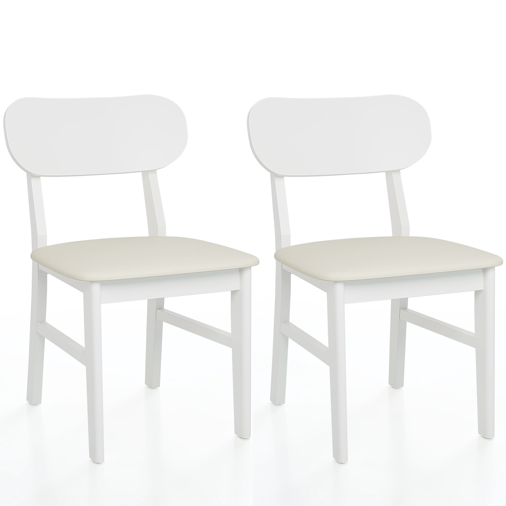 Set of 2 White Rubberwood Dining Chairs, Ergonomic Curved Back PU Leather Upholstered Chairs, 350 LBS Weight Capacity Easy to Clean Kitchen Dining Room Chairs with Non-Slip Foot Pads