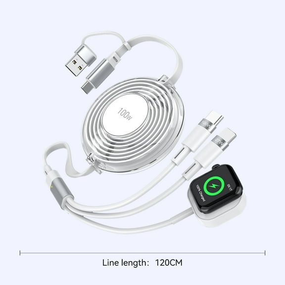3-in-1 Retractable Multi Charger for Apple Watch - 100W Retractable Charging Cable with Apple Watch Charger, USB-C, Lightning USB cables for iWatch/iPhone 16/15/14/13/12/Android/iPad/Tablet/Laptap