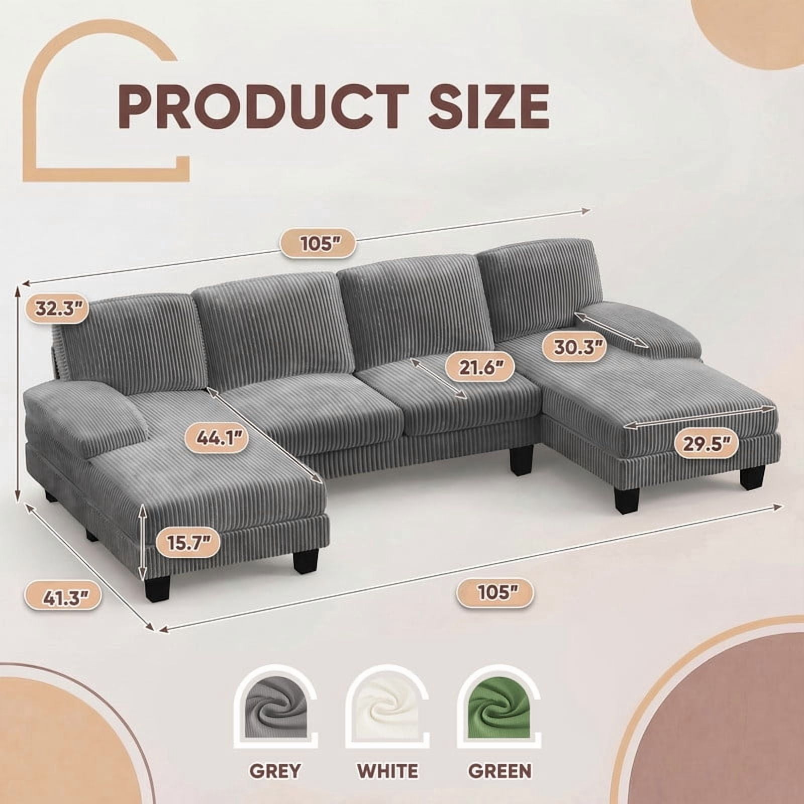 Vineego 105" Cloud U-shape Sectional Sofa Modern Modular Oversized Couches for Living Room,No Assembly Required,Corduroy Gray
