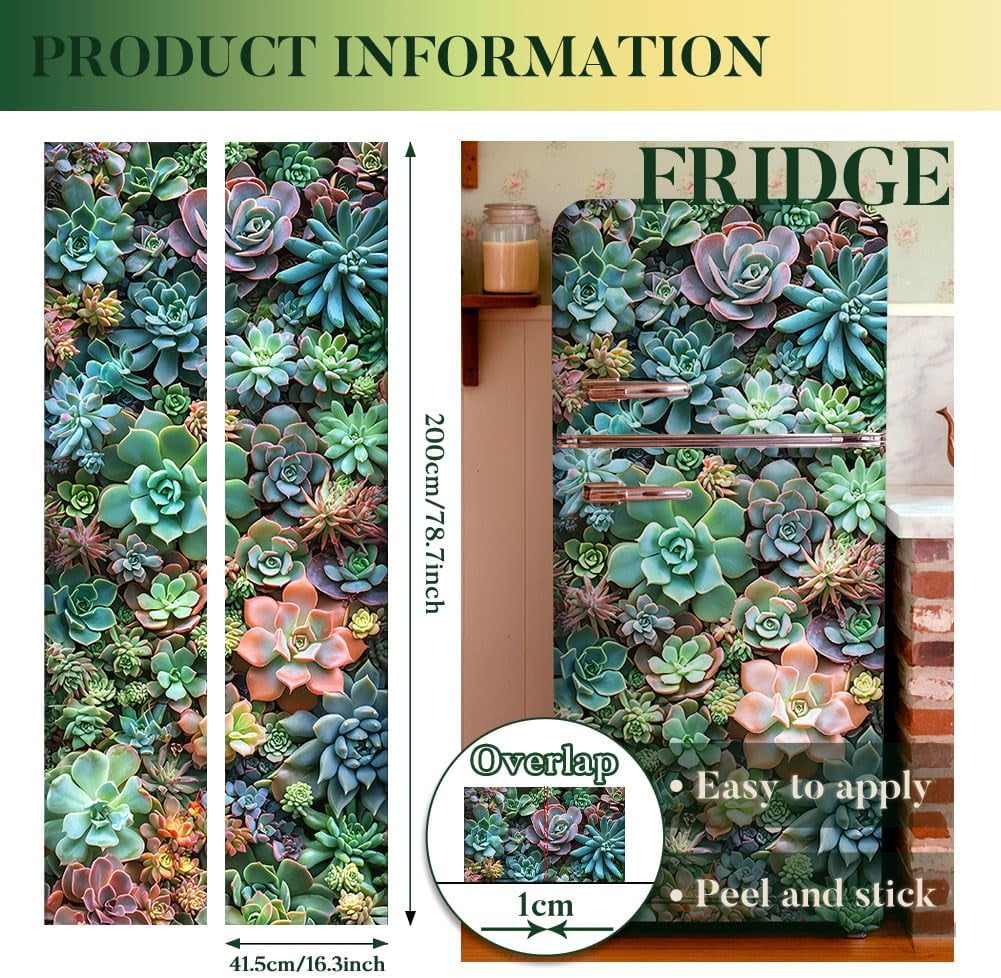 2 Sheet Succulents Removable Refrigerator Wraps Self-Adhesive Fridge Stickers Peel and Stick Vinyl Fridge Decals Sticker