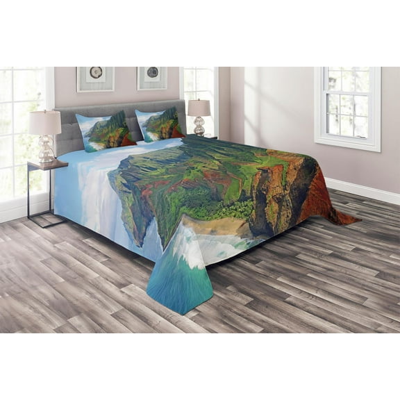 Ambesonne Hawaii Quilted Coverlet 3 Pcs, Na Pali Coast Kauai Sea, Queen Size, Green Redwood Blue