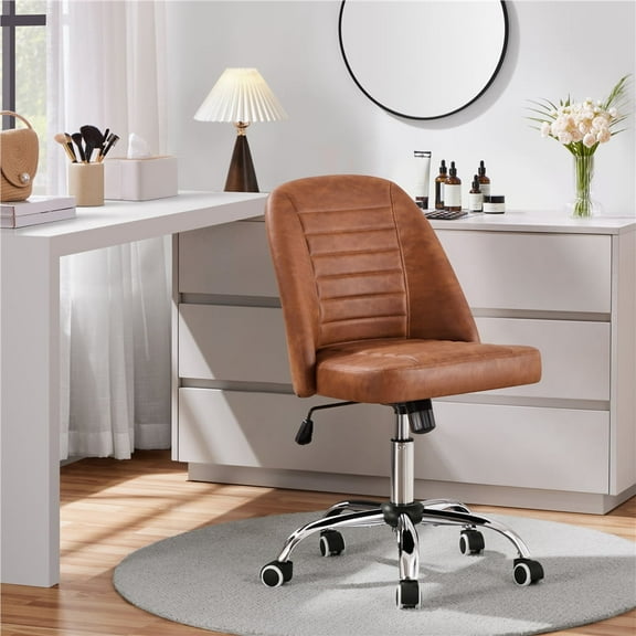 Topeakmart Rolling Faux Leather Desk Chair with Chrome Plated Metal Base, Retro Brown