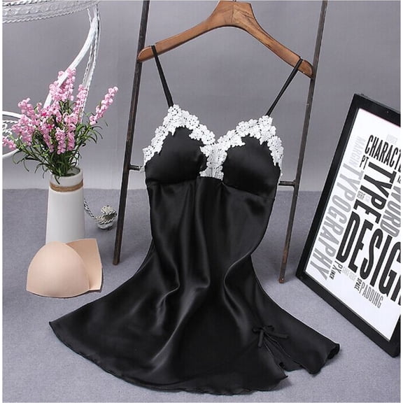 Lnzyyephy Summer Women V-neck Satin Silk Lace Lingerie Night Full Slip Mini Nightgown Sleepwear Dress