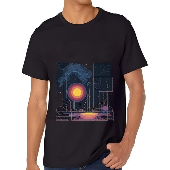 Futuristic Cosmic Design Cotton Short Sleeve T-Shirt for Men - Abstract Sun Waves and Geometric Shapes