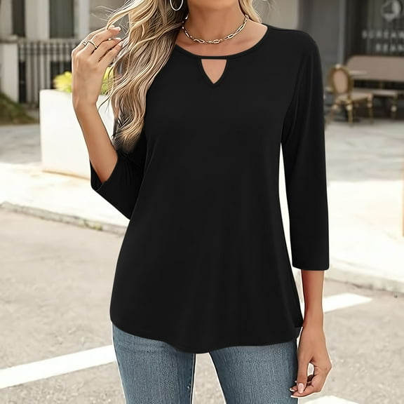 Womens Tops Plus Size 3/4 Sleeve Solid Color Round Neck Blouses for Women 2025 Trendy T Shirts Summer Clothes Black XXL