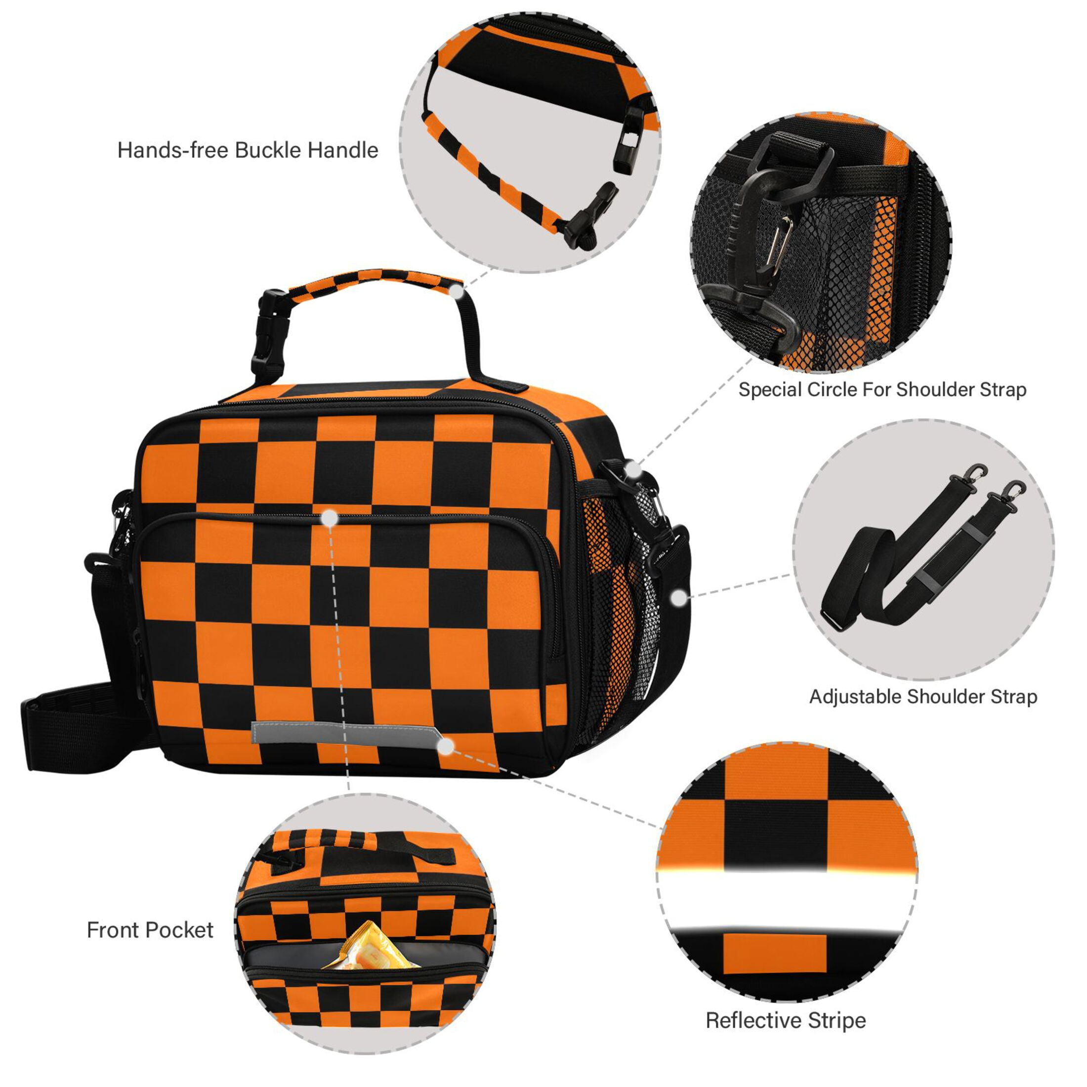 ALAZA Orange Checkered Grid Pattern Lunch Box Insulated Cooler Bag Reusable Tote Bags Shoulder Strap