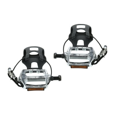 1 Pair Bike Pedals 12.7mm 1/2'' Spindle Platform with Toe Clips Fixed Foot Strap Black Silver Tone