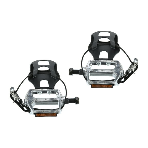 1 Pair Bike Pedals 12.7mm 1/2'' Spindle Platform with Toe Clips Fixed Foot Strap Black Silver Tone