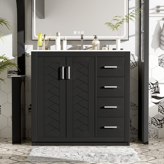 36'' Bathroom Vanity with Ceramic Sink Combo, Solid Wood Frame Bathroom Storage Cabinet, Freestanding Vanity Set with 3 Drawers& Soft Closing Doors