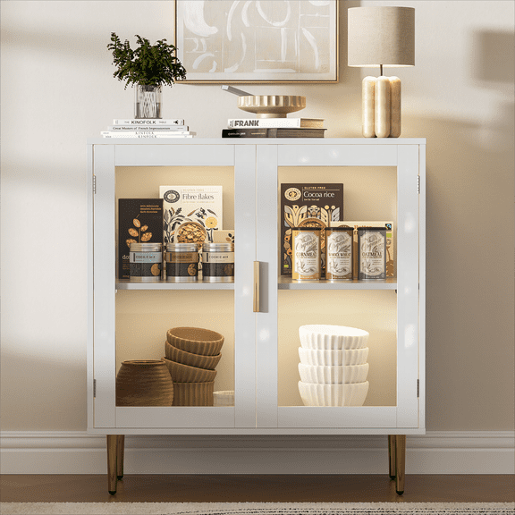Sideboard Buffet Cabinet 32" Modern Storage Cabinet with Adjustable Shelf, Coffee Bar Cabinet with 2 Doors Acrylic for Living Room, Kitchen, White
