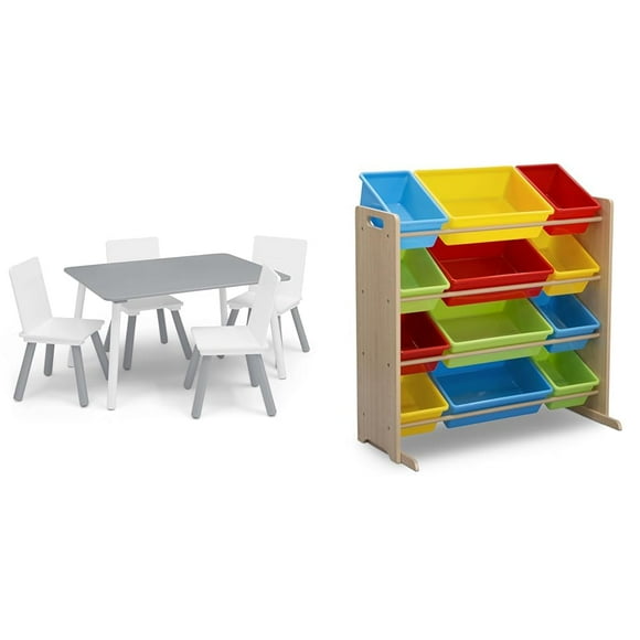 Delta Children Ensemble Table et Chaises pour Enfants (4 Chaises Incluses) & Organisateur de Rangement pour Jouets avec 12 Bacs en Plastique - Certifié Greenguard Gold, Naturel/primaire