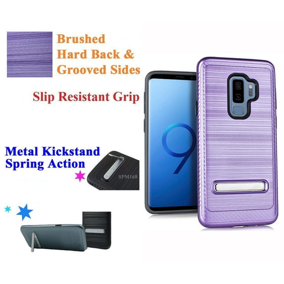 for 6.2" Samsung S9+ Galaxy S 9 + PLUS Case Phone Case Metal Kick Stand Brushed Back Grip Grooves Slim Scratch Shield Hybrid Shock Bumper Cover Purple
