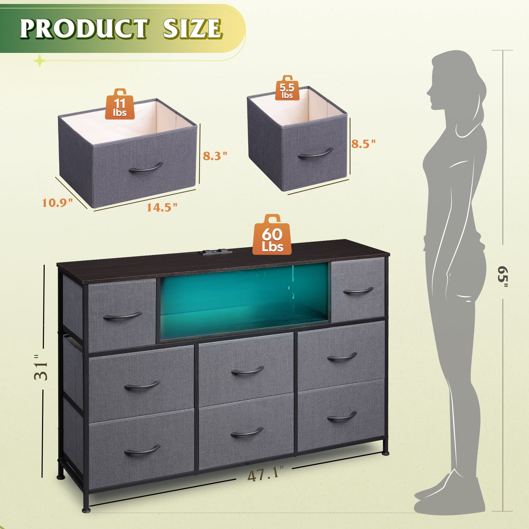 GALAXHERO 8 Drawer Large Dresser with Charging Station and LED Lights, Fabric Chest with Open Shelves, TV Stand for 55" TV, Bedroom and Living Room, Dark Grey