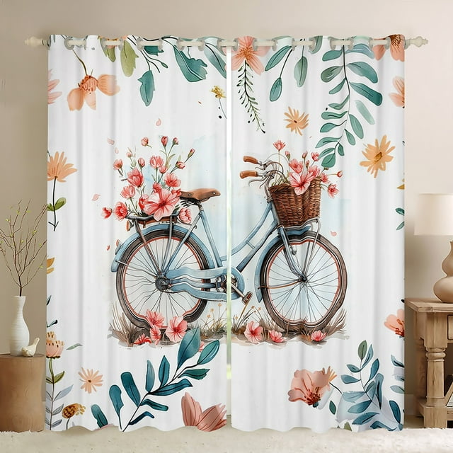 YST Rideaux Rétro pour Vélo, Rideaux Occultants Imprimés Fleurs Vélo 84x90 pour Chambre, Rideaux Thermiques & Draperies Floraux Feuilles Botaniques pour Enfants, Véhicules Roses Bleus Rideaux Légers pour Fenêtre