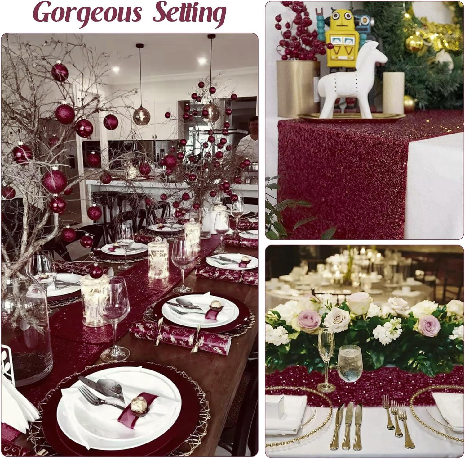 6 Pack Burgundy Sequin Table Runners 12" x 72" Sparkle Sequin Table Cloths for Wedding Party Banquet Bridal Shower Decorations