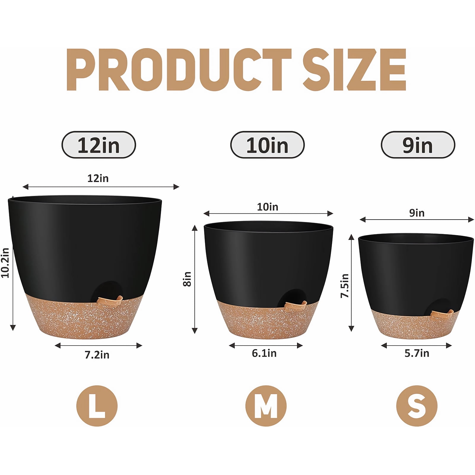 West Bay 12" 10" 9" Large Self Watering Plant Pots, 3 Pack Flower Pots Planters with Multi Mesh Drainage Holes for Indoor Outdoor Garden Plants and Flowers (Black)