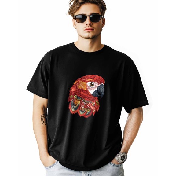 Men's T-Shirt Parrot Bird Embroidery Style Short Sleeve Casual Tee Classic Crew Neck T-Shirt for Men, L