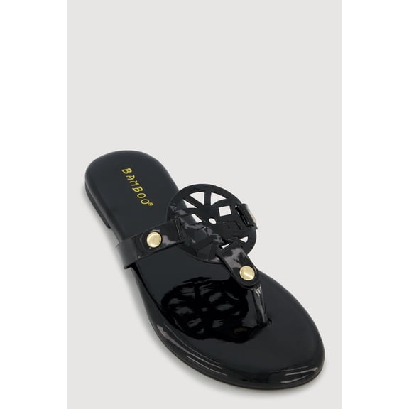 Women's Faux Leather Cut Out Pendant Thong Sandals