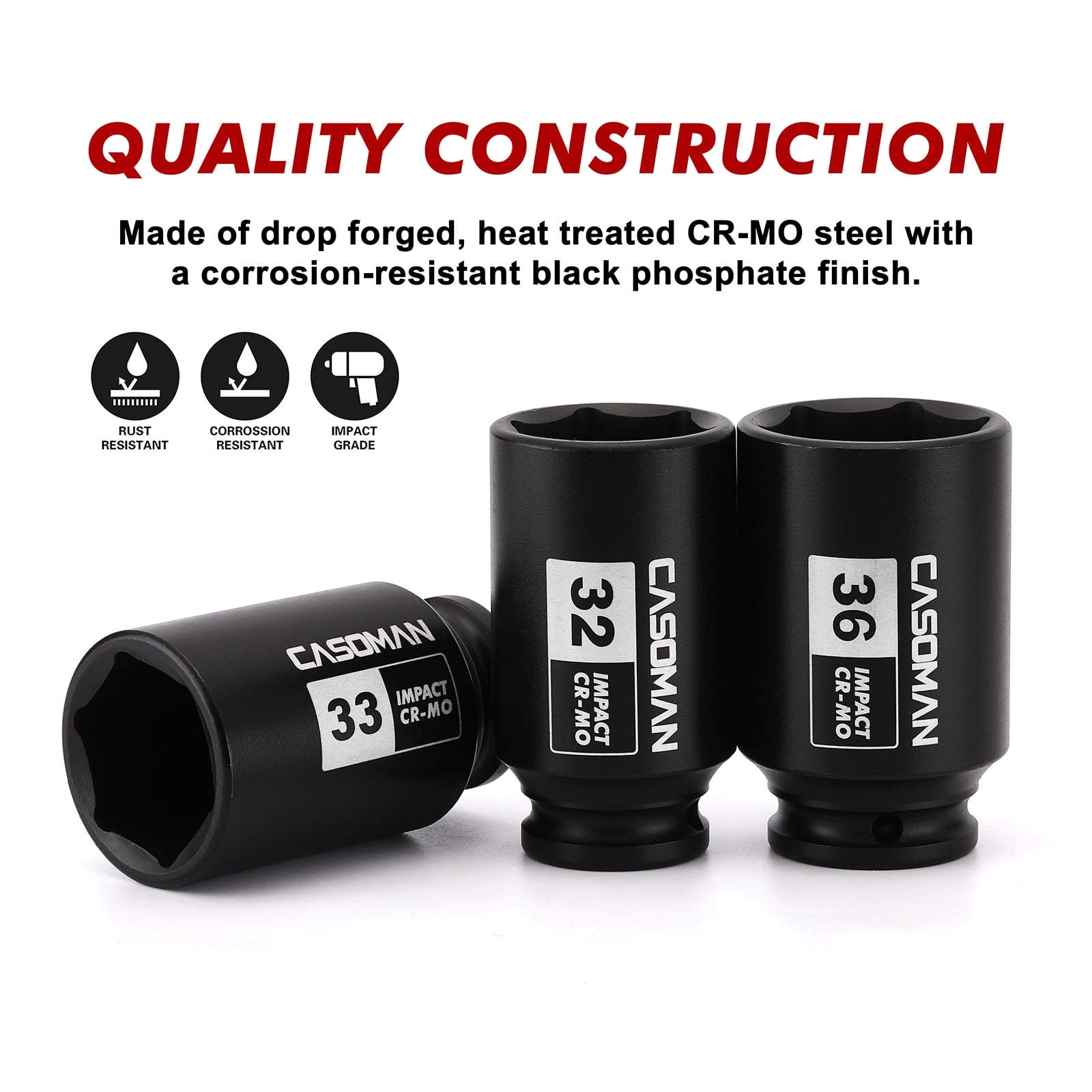 CASOMAN PRO  1/2'' Drive Deep Spindle Axle Nut Impact Socket Set, 6 Point, CR-MO,32,33,35,36mm, 4PC 1/2-Inch Impact Socket Set, Heavy Duty Use In Removing And Installing Axle Nuts