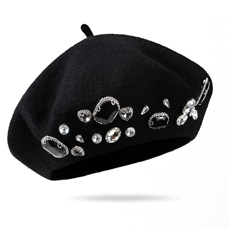 HEVIRGO 1PC French Beret Thick Rhinestone Decor Solid Color  display picture 1