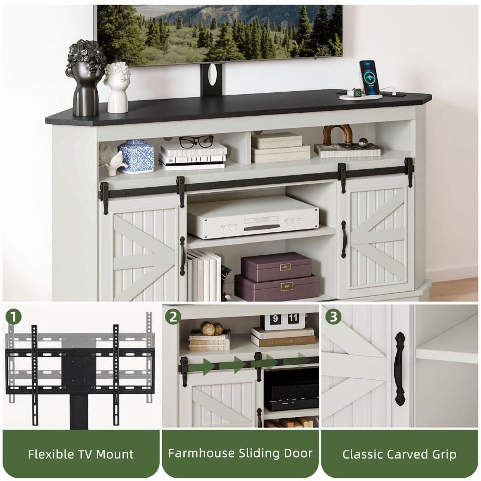 Uforic TV Stand for 70" TV with Mount, Farmhouse Entertainment Center with Power Outlets & Sliding Barn Doors, White