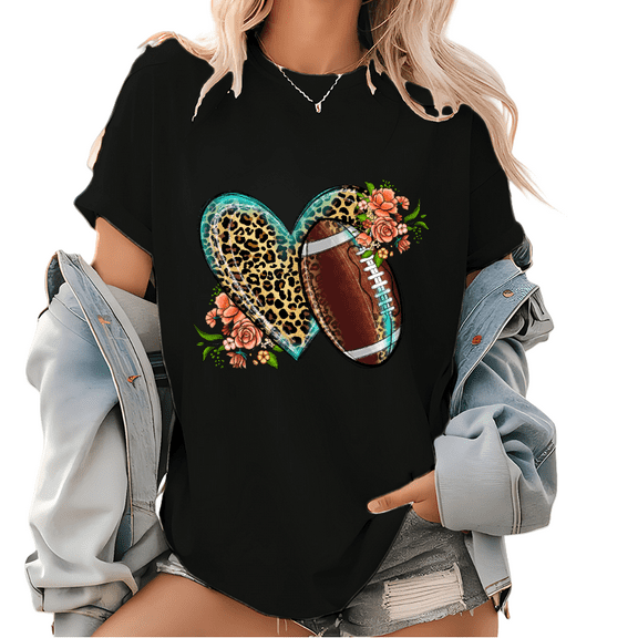 Sassy Football Graphic Tee – Edgy Leopard & Floral Accents – Women’s Breathable Game Night Shirt