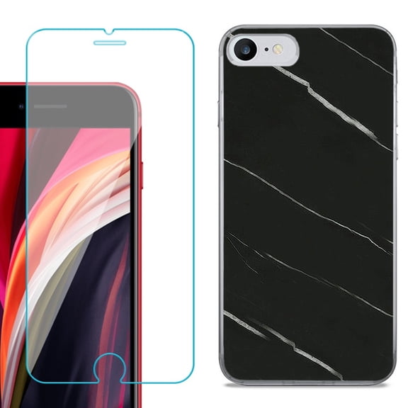 Slim-Fit Fashion Gel Phone Case for iPhone SE 2022, with Tempered Glass Screen Protector, by OneToughShield ® - Marble / Black