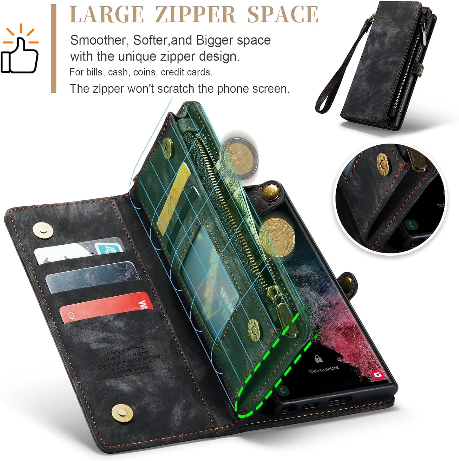Phone Case for Samsung Galaxy S22 Ultra 5G Zipper Wallet Cover with Tempered Glass Screen Protector and Flip Card Holder Cell Accessories Gaxaly S22ultra 22S S 22 22ultra G5 Women Men Black