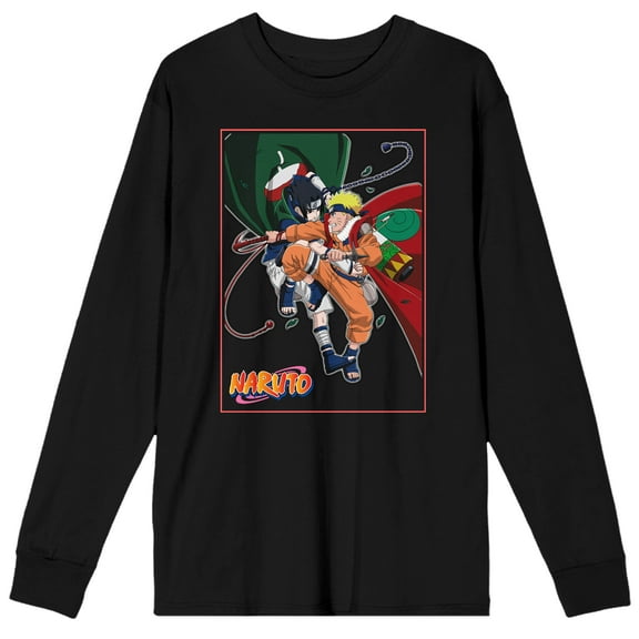 Naruto Classic Naruto and Sasuke Fighting Men's Black Long Sleeve Tee-Medium